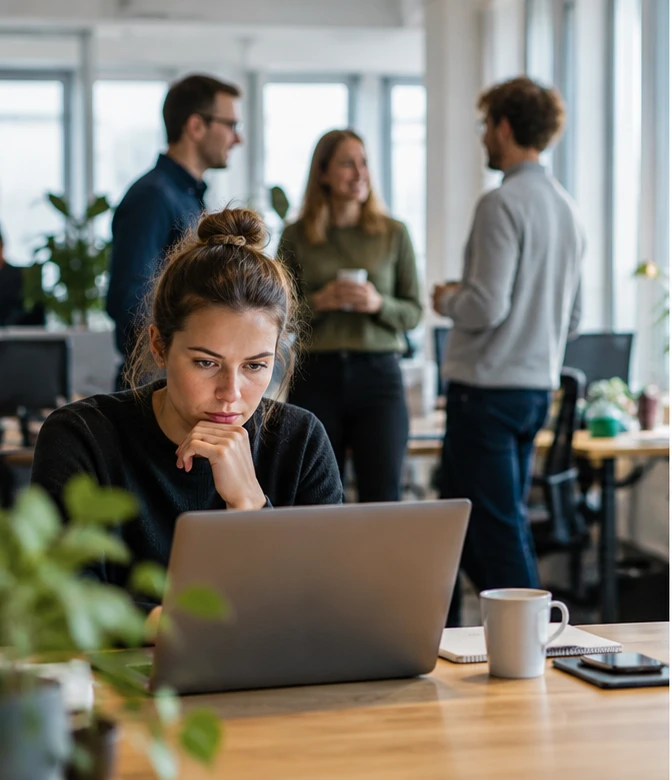 An employee focuses on her laptop while colleagues talk in the background
